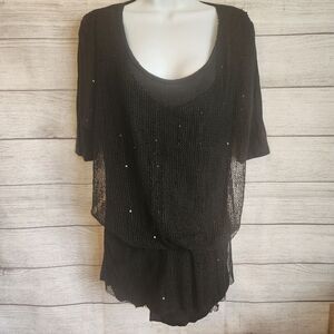 Clothes Head Top S Black Sheer Sequin Overlay Boho Chic Layered